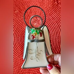Stained Glass Angel with halo Handmade. Holds bouquet of red/green bead flowers.